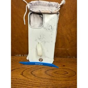 Marble Loopy right hand iPhone 13 Pro case & dust bag with white & blue loops